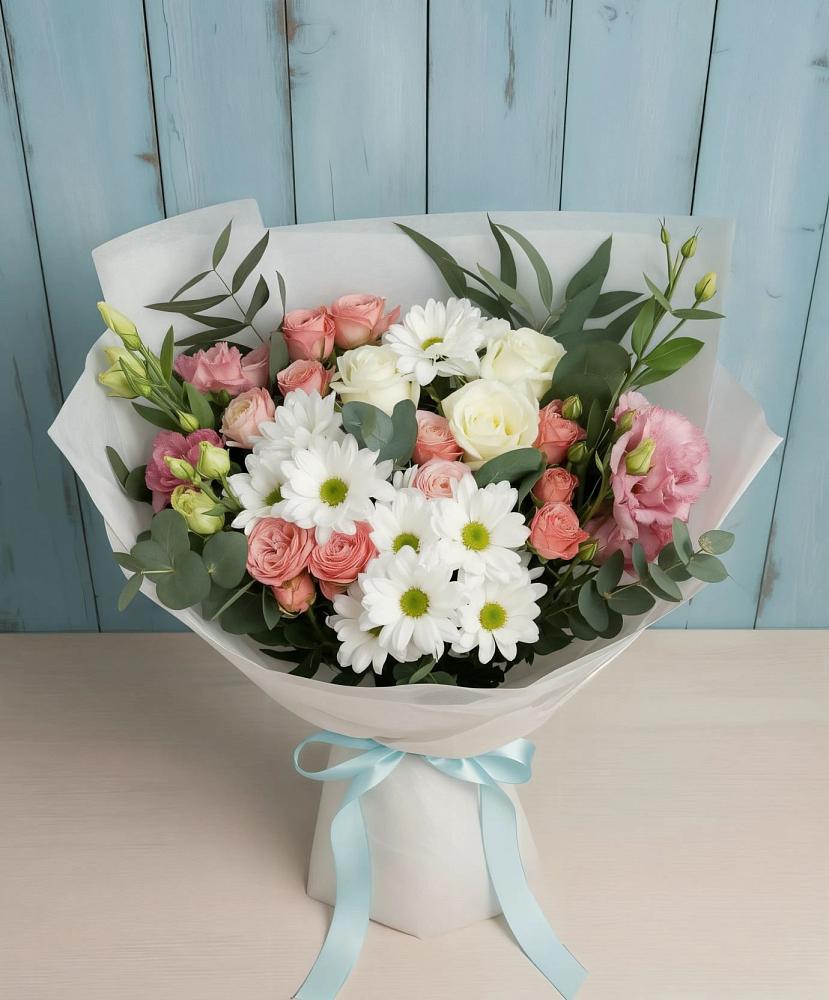 Букет цветов из: Розы, Лизиантусы и Хризантемы в Бороздиновской