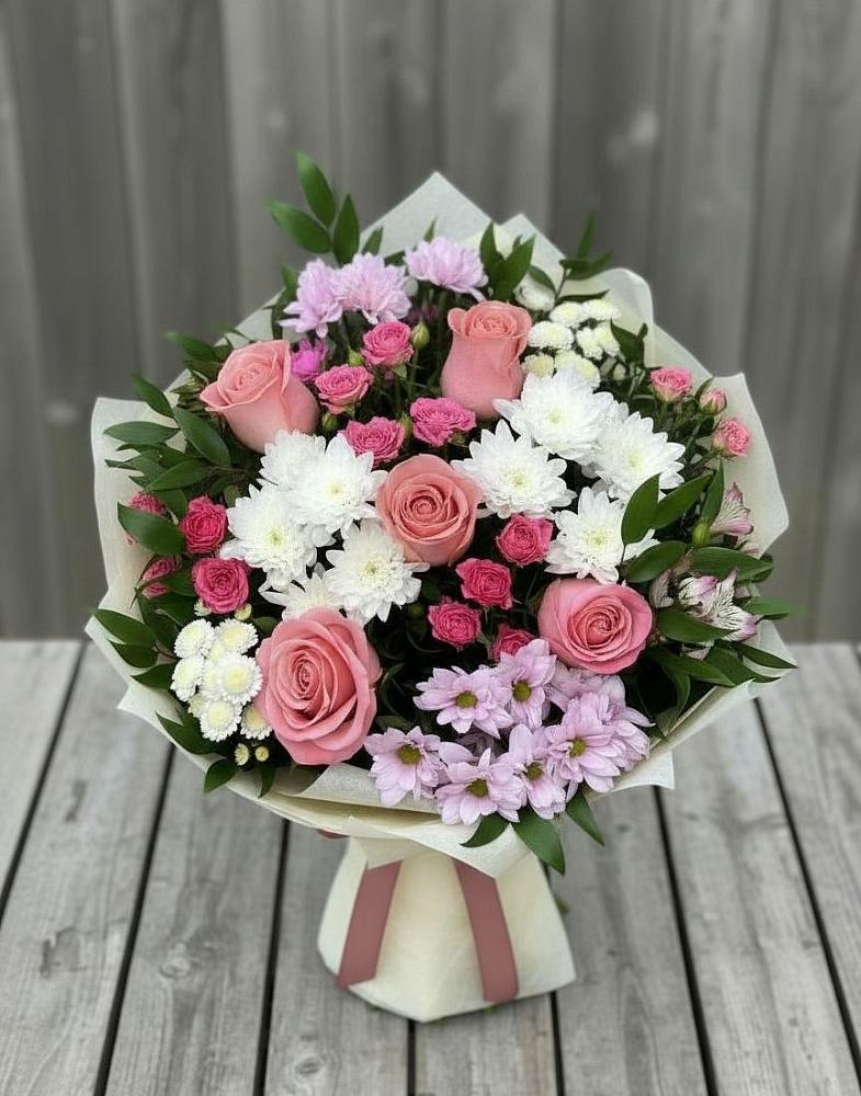 Букет цветов из: Альстромерии, Гвоздики, Розы и Хризантемы в Бороздиновской