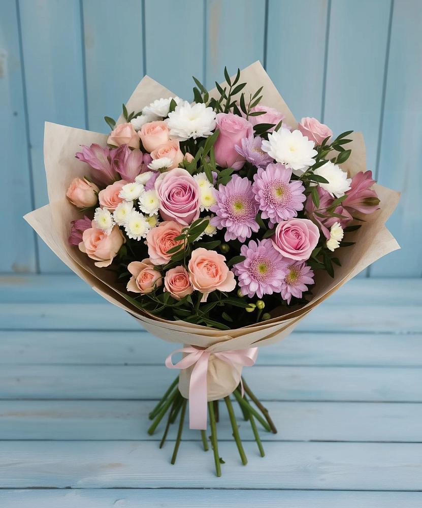 Букет цветов из: Хризантемы, Розы и Альстромерии в Бороздиновской