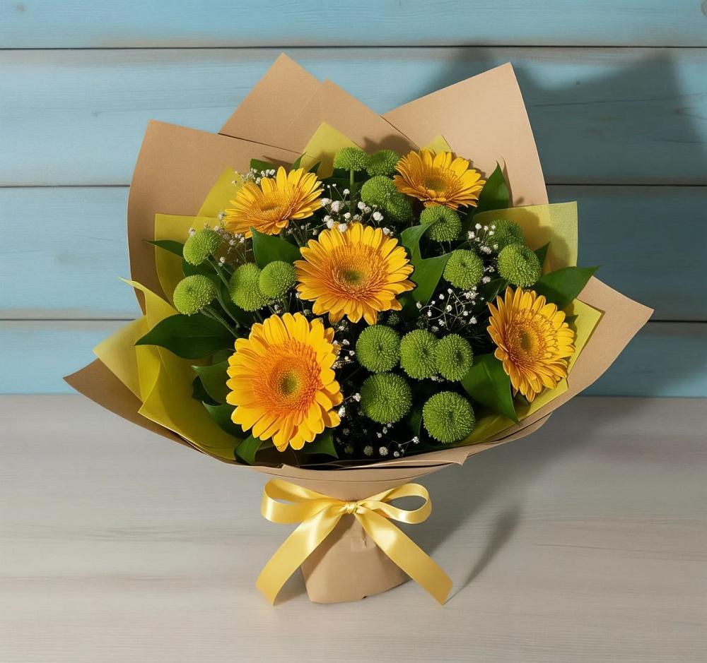 Букет цветов из: Герберы и Хризантемы в Бороздиновской