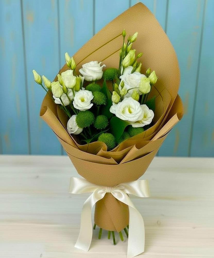 Букет цветов из: Хризантемы и Лизиантусы в Бороздиновской