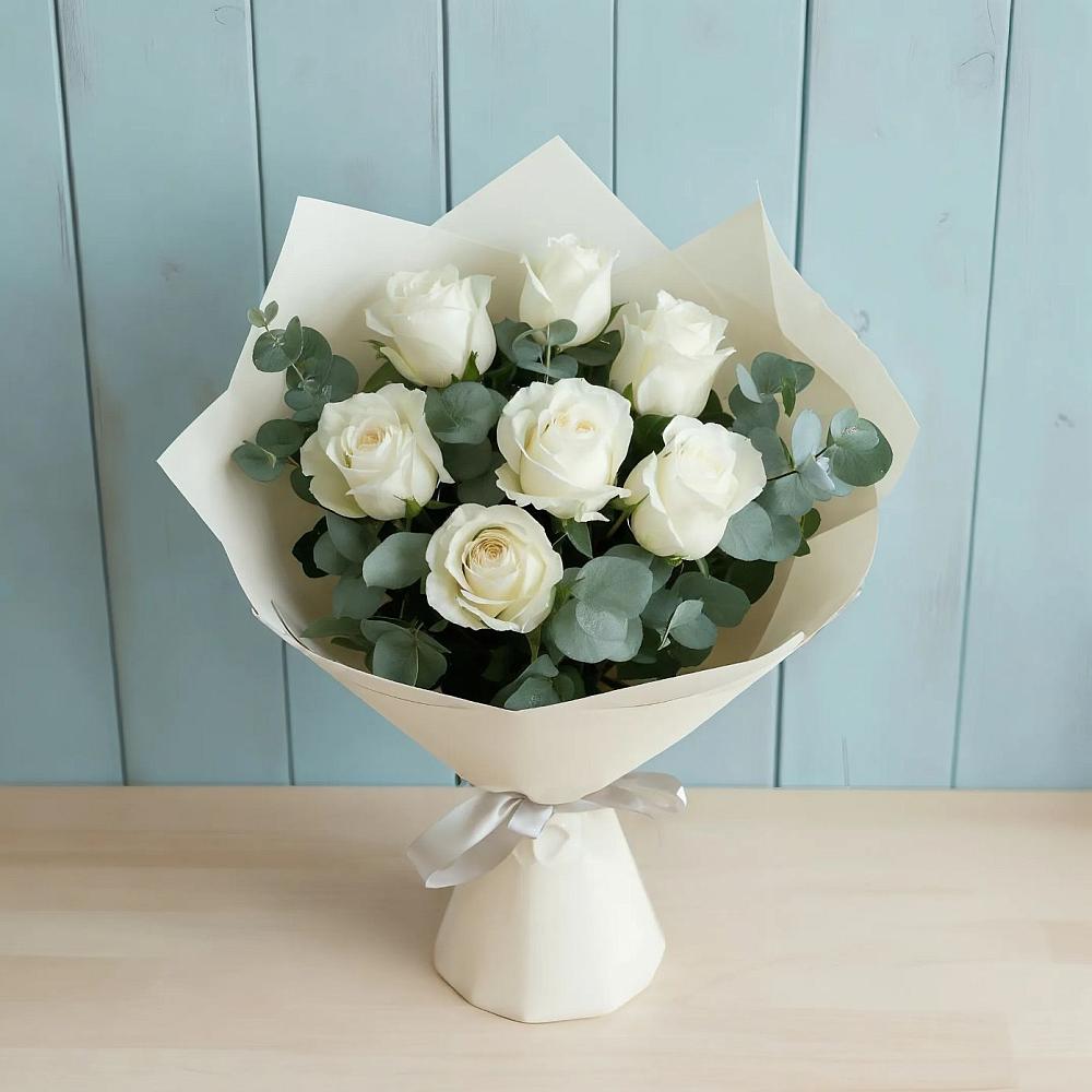 Букет Белые розы в Эвкалипте в Бороздиновской
